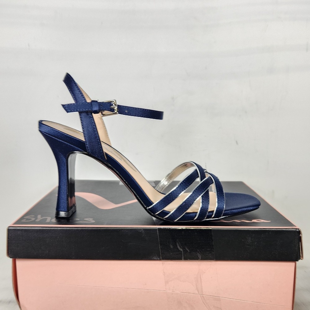 Nina Amina Sandal Women Size 7 Navy Blue Satin Strappy Block Heel Dress Shoes